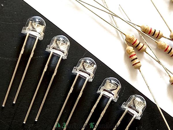 D10416 Светодиодоы 3 Вольта с резисторами. Холодные белые. Угол расс. 120 градусов (диаметр 5 мм), 10 шт.